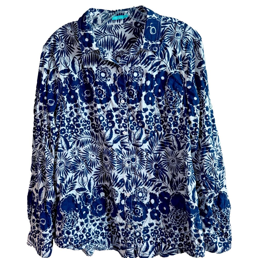 J Mclaughlin Large Blue Womens Long Sleeve Blouse Button Coastal Floral Artsy